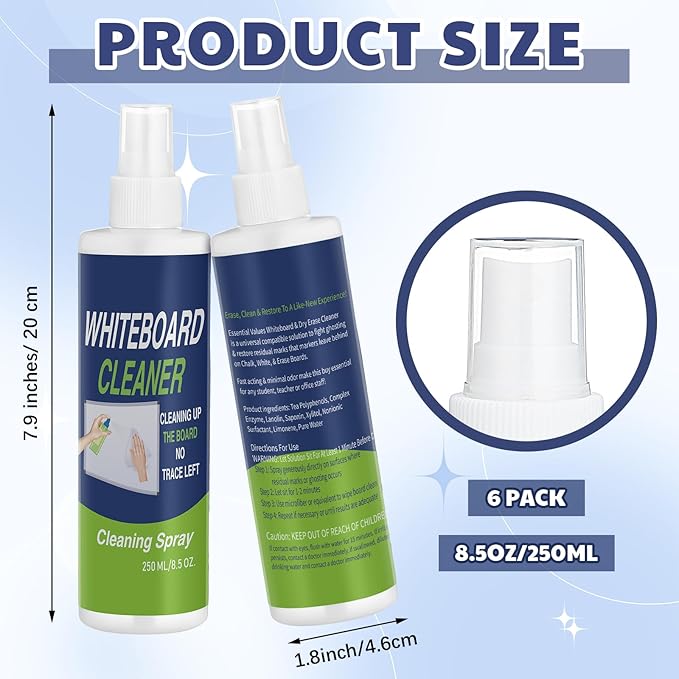 Swiffen 6 Pack Whiteboard Cleaner Spray Bottle 8.5oz Dry Erase Board Surface Cleaner White Board Cleaning Spray Removes Stubborn Marks from Chalkboard