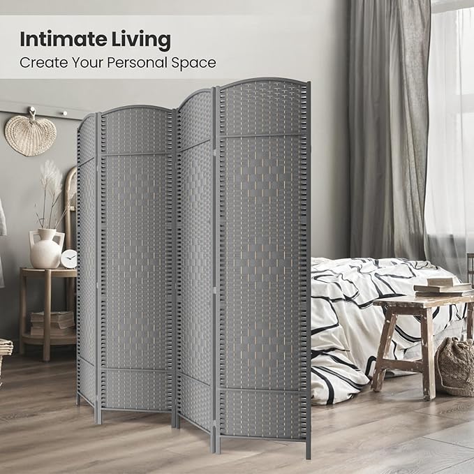 cocosica Paper Rope Room Divider, 4 Panel Wood Mesh Woven Design Screen with Double Sides Weaved, Foldable Portable Partition Divider Screen for Decorationg of Bedroom,LivingRoom,Office Separator