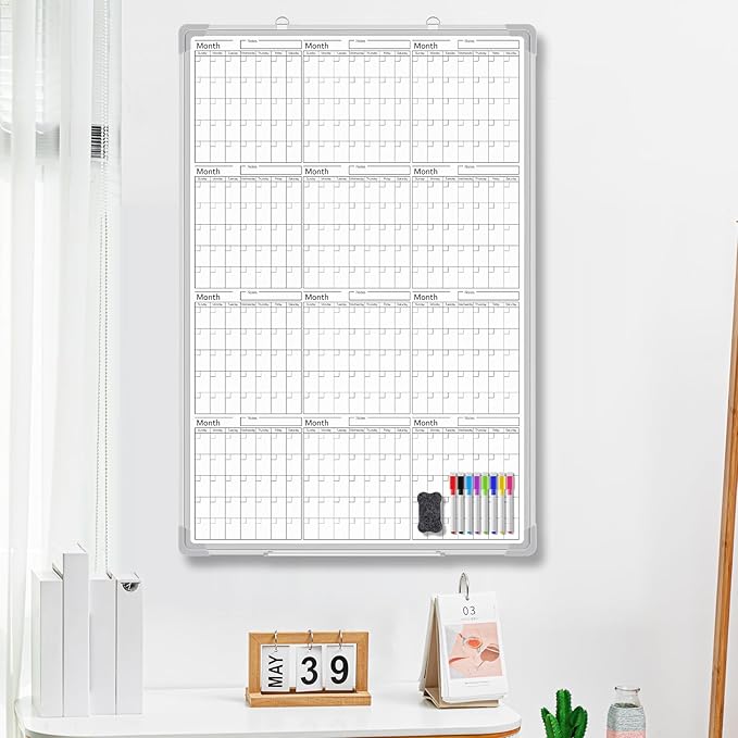 Lincia 36" x 24" Magnetic Vertical Yearly 12 Month Dry Erase Calendar for Wall 2026 Undated Dry Erase Wall Calendar Planner Aluminum Frame Whiteboard for Home Office Projects Fridge