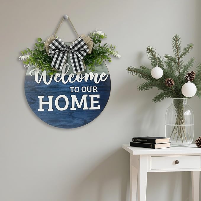 VPDTVK Welcome Sign for Front Door, Rustic Welcome Door Sign Outdoor Wreaths Decor for Spring Summer Autumn and Winter All Seasons Holiday Halloween Christmas(Blue)