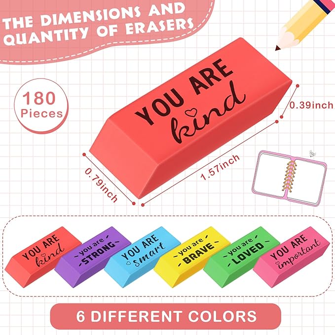 Yaomiao 180 Pcs Inspirational Erasers for Kids Bulk Pencil Beveled Erasers Colorful Motivational Gifts Bulk for Kids Students Classrooms, Drawing, Back to School