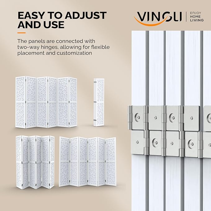 VINGLI 70'' H Room Divider, Non-Woven Fabric Privacy Screen, Indoor Partition Wall Dividers, Freestanding Hinged Space Separator with Modern Unique Pattern (White, 6 Panel)