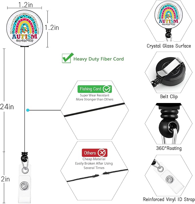 ID Badge Holder with Lanyard, Autism Awareness Retractable Badge Holders Reels, Rainbow Breakaway Lanyards Keychain, Cute ID Holders for Women Teacher Nurse Nursing Doctor Student