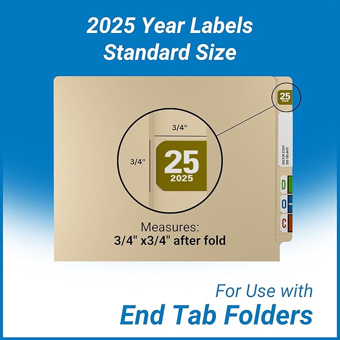 2025 Year Labels, Doctor Stuff 2025 Chart Stickers, Gold Color Coded, Col'R'Tab/Tabbies Style, USA Made Year Stickers for End Tab File Folders, 500/Roll, 1 Roll, 3/4" x 1-1/2"