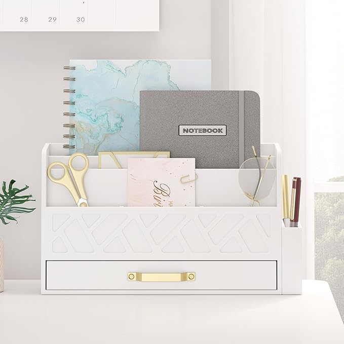 Wisuce Home Wooden Desk Organizer,Desktop Organizer File Sorter for Office Supplies, Mail Organizer with Drawer,Desk Accessories & Workspace Organizers for Women （White）