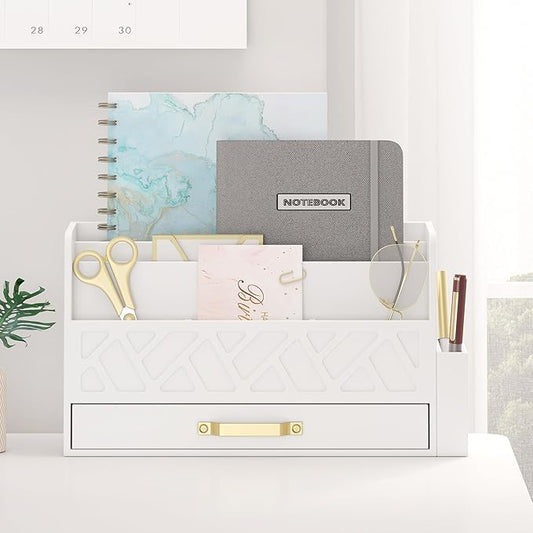 Wisuce Home Wooden Desk Organizer,Desktop Organizer File Sorter for Office Supplies, Mail Organizer with Drawer,Desk Accessories & Workspace Organizers for Women （White）