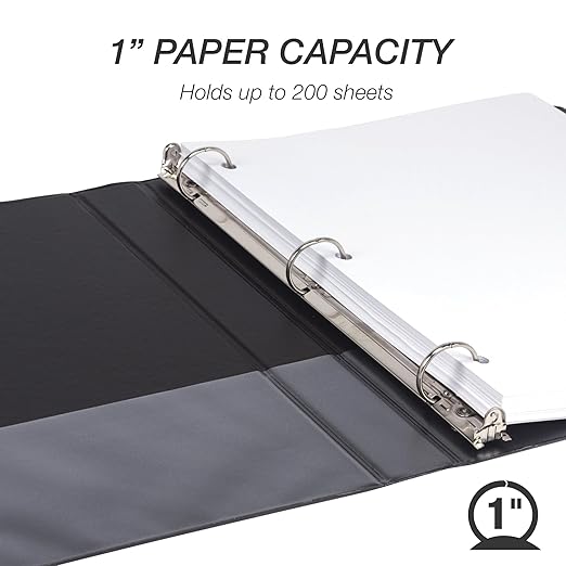 Samsill 1 Inch 3 Ring Binder, Made in USA, Economy Round Ring, Clear View Cover, 200 Sheet Capacity - for School, Home, Office - Charcoal Black