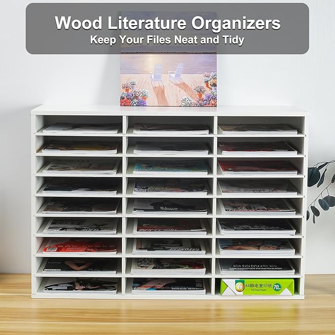 PAG Mail Sorter Organizer, Wood Literature Organizer, Student Mailbox for Classroom, Desktop Bill Paper Organizer for Office Home School, 27 Compartments, White