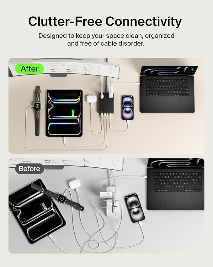 Belkin 2-Outlet GaN Charging Station 140W, USB C Charger w/ 2X AC Outlets, 3X USB C Ports, and 1x USB A Port - Power Strip for iPhone, Apple Watch, iPad, MacBook, Chromebook, Galaxy, Pixel, & More