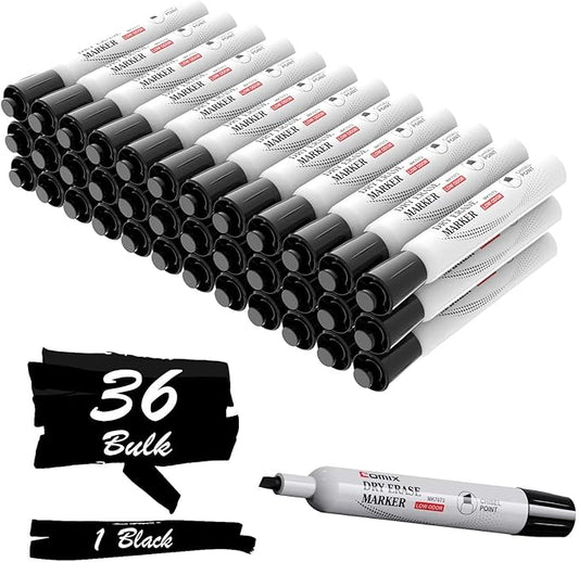 Comix Black Dry Erase Markers, Chisel Tip Whiteboard Markers, 36 Bulk Black Colors Low Odor Markers for Classroom, Teachers, Office, School Supplies