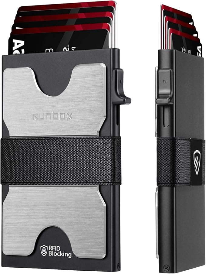 RUNBOX Slim Card Holder Wallet for Men, Minimalist RFID Blocking Wallet with Pop-Up Function, Ultra-Thin Design, Metal Business Card Cases holds 6+6 Cards, Gifts for Men, Men's Accessories
