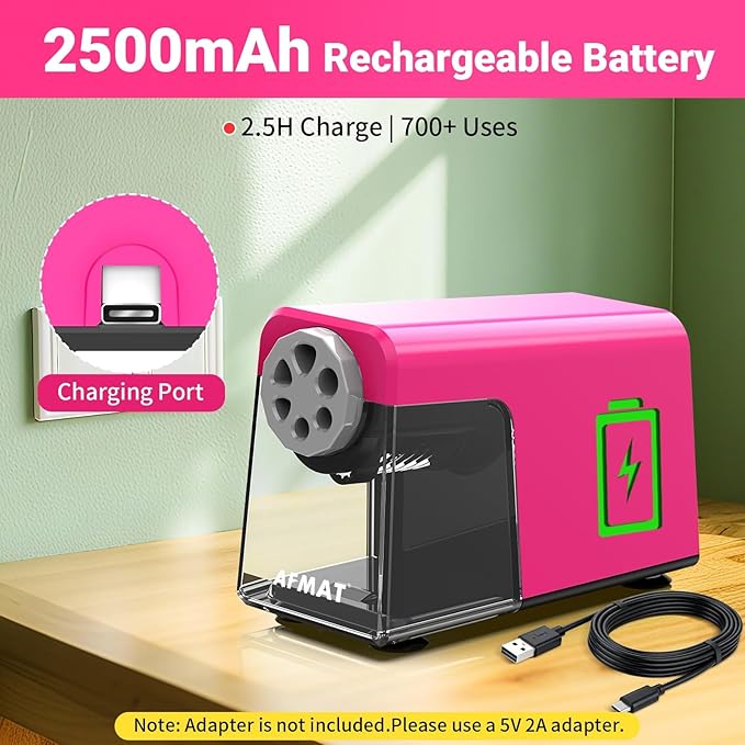 AFMAT 6-Hole Electric Pencil Sharpener Heavy Duty, Pencil Sharpener for Classroom, Cordless &Rechargeable, Colored Pencil Sharpeners for 6-11mm Pencils, Auto Stop, Super Fast, 10,000+ Sharpenings PSD1