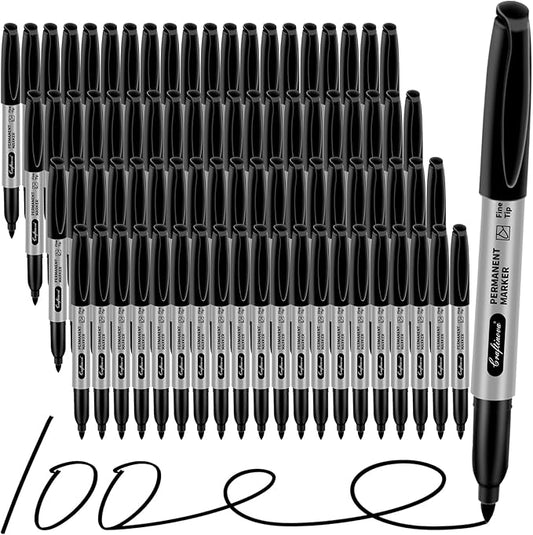 craftinova Black Permanent Markers Bulk Fine Point, Fine Tip Markers Set, Quick Drying and Fade Resistant, Works on Wood, Plastic, Paper, Metal for Classroom, Office, Home, 100 Count