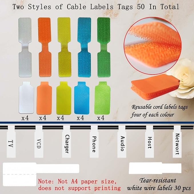 Kisajar 50-Pcs Cable Labels & Cord Tags - 20 Reusable Large Wire Tag + 30 Tear-Resistant White Cords Label,Write-On Water-Resistant Multicolor Wire Marker for Identifying Electrical and Charging Cords