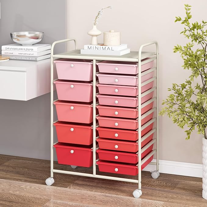 DORTALA 15-Drawer Rolling Storage Cart with Drawers, Rolling Utility Cart w/Removable Drawers & Universal Wheels, Tools Scrapbook Paper Organizer for School, Office, Home, Classroom (Gradient Pink)