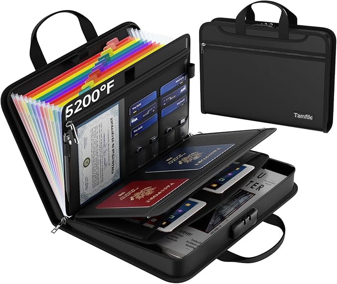 5200℉ Fireproof Accordion File Organizer with Lock, Thickened Document Organizer 13 Colorful Pocket with Labels, Important Document Organizer, Expanding File Folder with Handle for Letter A4 (Black)
