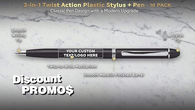 DISCOUNT PROMOS Custom Twist Action Plastic Stylus Pens, Set of 10, Personalized Bulk Pack - Pens for Work, Cool Pens for Writing, Black Ink - Black