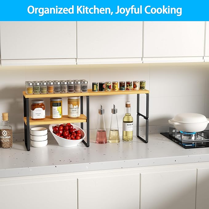 Golener Countertop Organizer Corner Shelf, 2-Tier Adjustable Stackable Corner Shelves for Kitchen, Spice Rack, Coffee Area, Over Sink, Bathroom, Dresser Table, Corner Counter Shelf Stand, Bamboo