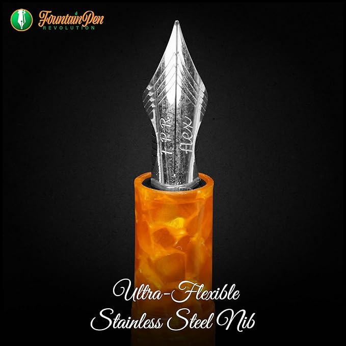 Jaipur V2 Piston Filled Refillable Fountain Pen - Orange Ultra Flex Cursive Pen w/Stainless Steel Nib - Luxury Pens w/Acrylic Body & Ebonite Feed - Fountain Pens for Journaling & Calligraphy