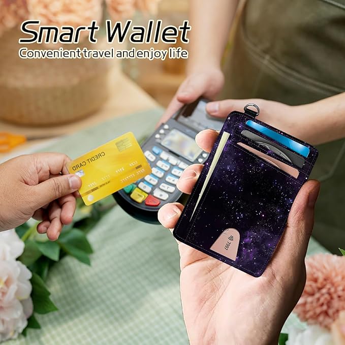 BWEGRHE Small Travel Wallets, Purple Galaxy Slim Minimalist Front Pocket Wallet with Wristlet, RFID Blocking PU Leather Credit Card Holder with ID Window Change Purse for Men Women