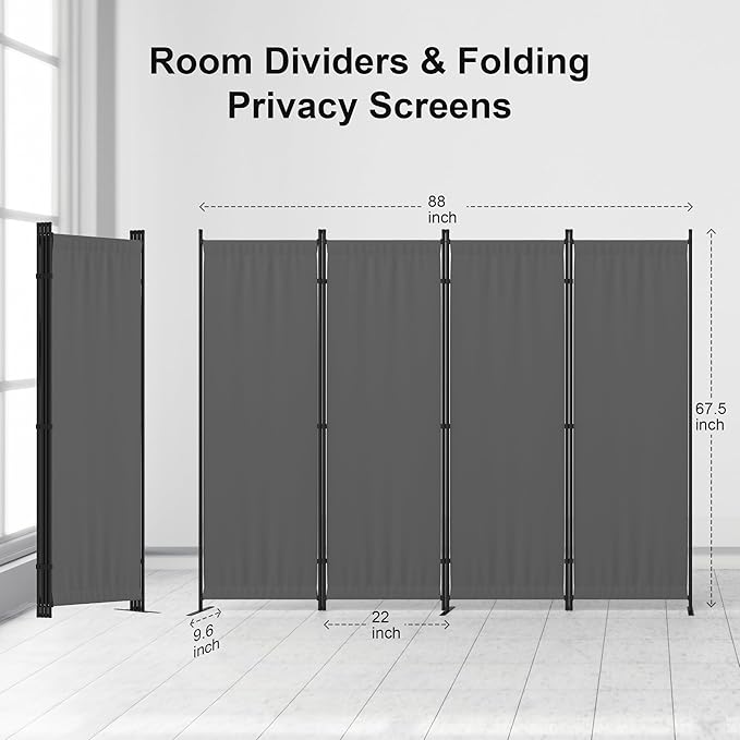 Kecreque Privacy Screen Room Divider as Dressing Screen 4 Panel Wall Room Divider with 3 Wider Feet Portable Wall 6FT Partition Wall for Office Dining Room Children's Separate Rooms,Grey
