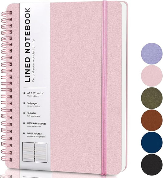 ABERLLS Pink Lined Spiral Journal Notebook with 160 Pages, 8×5.7in, A5 Spiral Notebook, Journaling Notebooks for Work, School, Women, Men, College Ruled Spiral Notebook, Hardcover Leather Journals