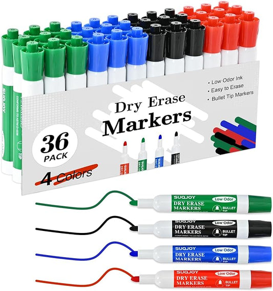SUQJOY Dry Erase Markers, BulletTip Whiteboard Markers, Low Odor Thick Dry Markers, 36 Bulk 4 Assorted Color Marker for Whiteboard, Classroom, Office & Home(36 Count 4 Colors)