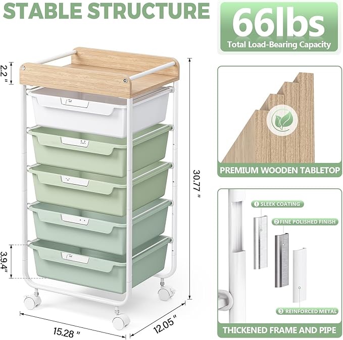 Rolling Storage Utility Cart With 5 Drawers,Craft Cart with Wheels,Makeup Organizer,Art Supply And Storage Wooden Tabletop,Green