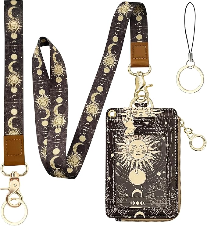 bolimoss Sun and Moon Lanyard Wallet, Boho Lanyard with Wallet,ID Badge Holder with Neck & Wristlet Lanyard, Pu Leather Zip Id Case Wallet with Breakaway Lanyard, Keychain Wallet for Women