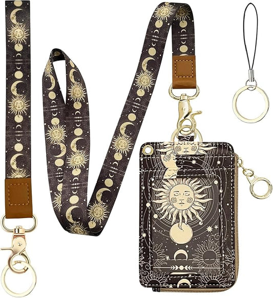 bolimoss Sun and Moon Lanyard Wallet, Boho Lanyard with Wallet,ID Badge Holder with Neck & Wristlet Lanyard, Pu Leather Zip Id Case Wallet with Breakaway Lanyard, Keychain Wallet for Women