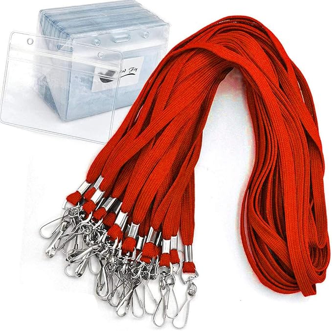 Bird Fiy® Lanyard/Badge Holder Pairs (Set of 50, Red): Woven Round Lanyard & Horizontal Sealable Waterproof Clear Plastic ID Card Name Tag Holder