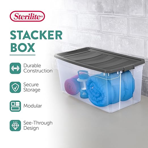 Sterilite 9-Pack Modular Stacker Box, Durable Clear Plastic Storage Bins with Latching Lids, 200 Quart - Stackable Organizing Container Boxes for Closet, Bathroom, and Office
