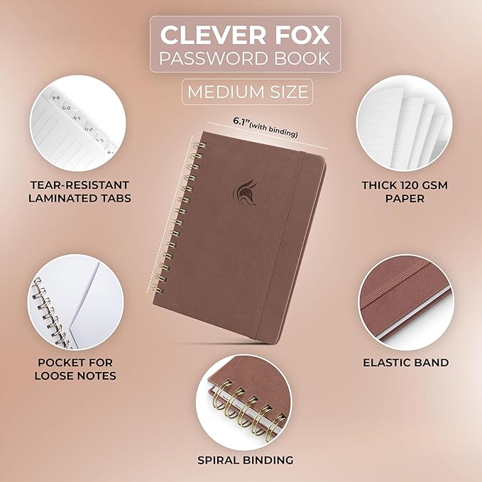 Clever Fox Password Book Spiral – Internet Address & Password Organizer with Laminated Alphabetical Tabs – Password Keeper Journal – Hardcover, Medium Size, 6.1x7.7” (Dark Terracotta)
