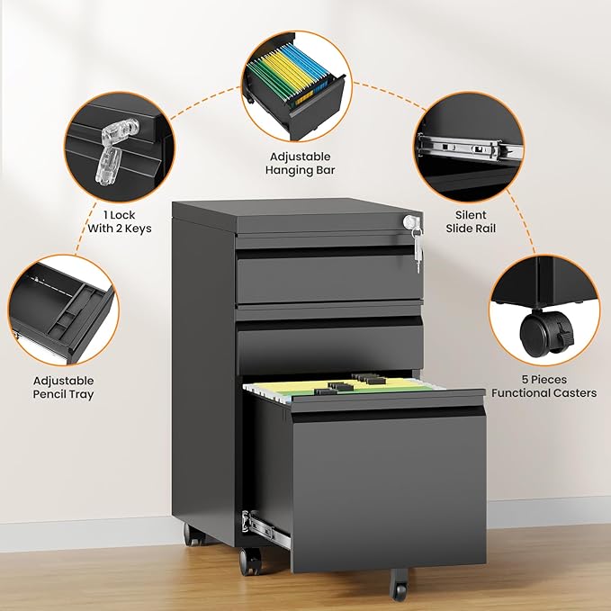 AFAIF 3 Drawer Mobile File Cabinet with Lock, Rolling Filing Cabinets for Home Office, Under Desk Small File Cabinet Three Drawers for Legal/Letter/A4 File, Black - Assembly Required