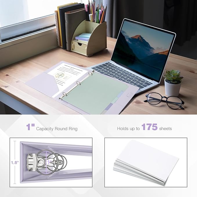 Ospelelf Vintage Hardcover 3 Ring 1 inch Leather Binder, Professional Binders Organizer Suitable for Letter Size Documents, Binder Dividers with Tabs, Purple