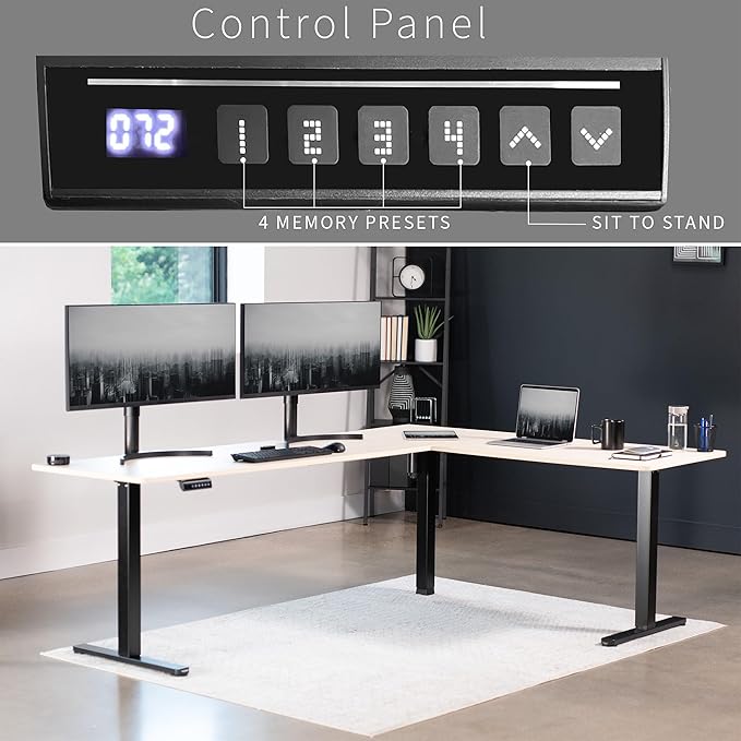 VIVO Electric Corner 84 x 63 inch L-Shaped Standing Desk, Memory Height Adjustment, Light Wood Top Black Frame, DESK-E3CTBC-84
