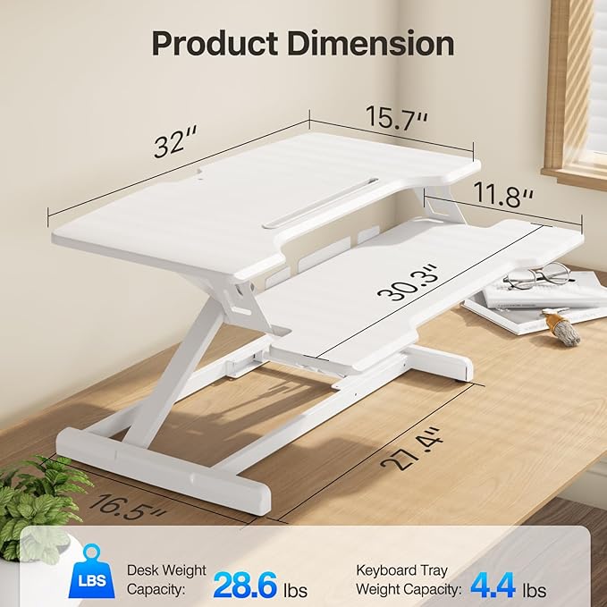 JYLH JOYSEEKER Standing Desk Converter 32 inch, Height Adjustable Sit Stand Desk Riser, Quick Sit to Stand Tabletop Dual Monitor Riser Workstation for Home Office with Keyboard Tray, White