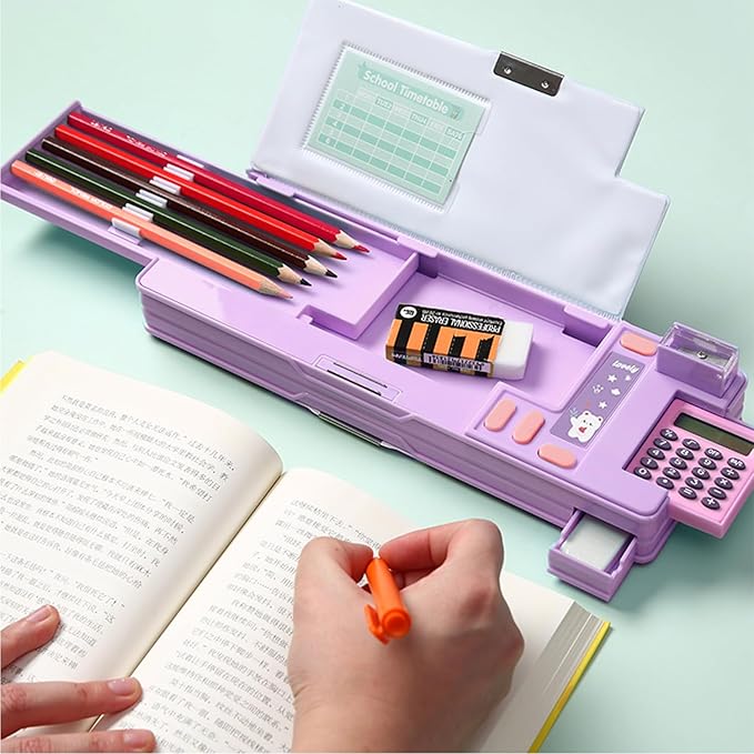 Pop Up Multifunction Pencil Case, Cute Cartoon Pen Box Organizer Stationery with Calculators, Sharpener, Schedule, School Supplies, Best Birthday Gifts for Kids Teens (Purple)