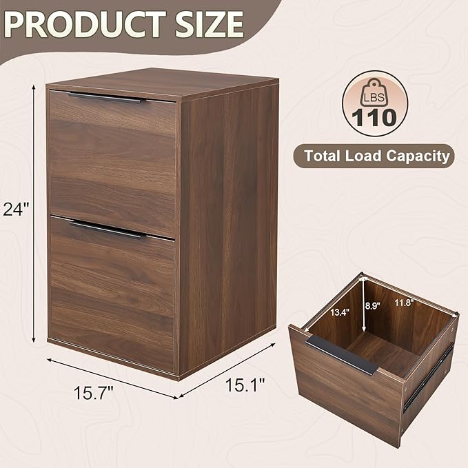 FATIGOS 2 Drawer File Cabinets, Wood File Cabinet with Hanging Bar for Letter Size, Under Desk Drawer, Small File Cabinets for Home Office, Dark Walnut