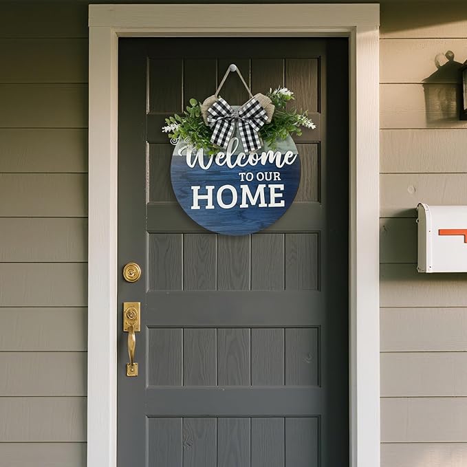 VPDTVK Welcome Sign for Front Door, Rustic Welcome Door Sign Outdoor Wreaths Decor for Spring Summer Autumn and Winter All Seasons Holiday Halloween Christmas(Blue)
