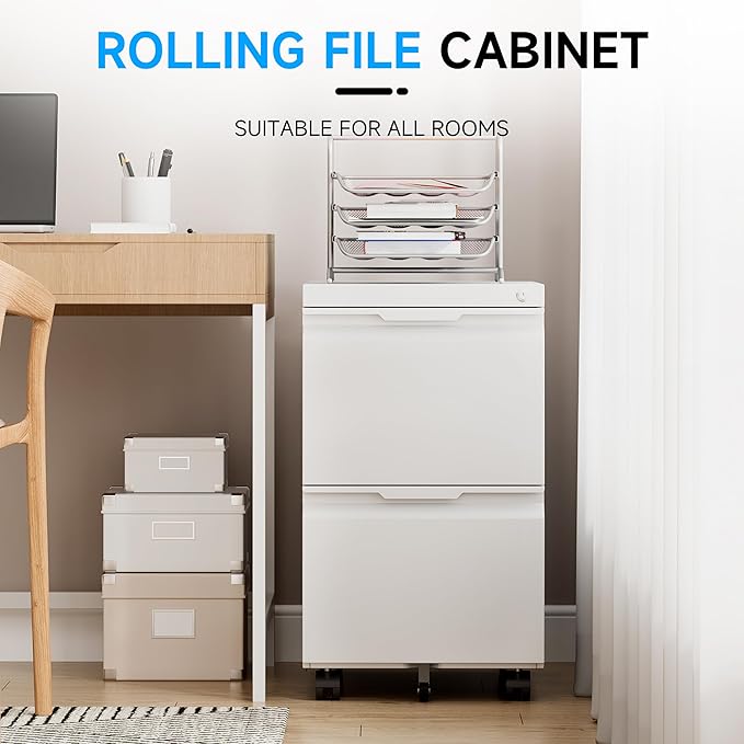 Bestoo 2-Drawer Mobile File Cabinet with Lock, Metal Filing Cabinet on Wheels for Home Office Under Desk, Fits File Folders, Letter/Legal/F4/A4 Size, Assembly Required (White)