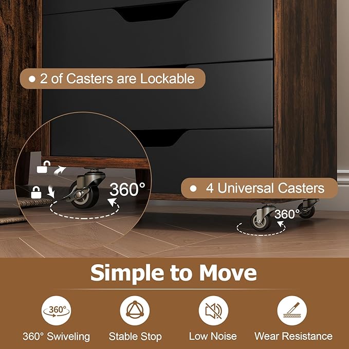 Giantex 7-Drawer Storage Cabinet, Mobile File Organizer with 4 Universal Casters, Wooden Vertical Filing Cabinet on Lockable Wheels for Office, Study, Living Room (19.5” x 16” x 34.5”,Brown+Black)