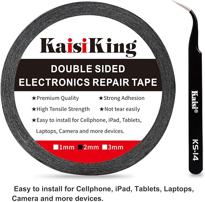Kaisiking 2mm LCD Repair Tape for Phone Screen, Adhesive Tape with 1 Tweezers for Cell Phone, iPad, Tablets, Laptops, Camera