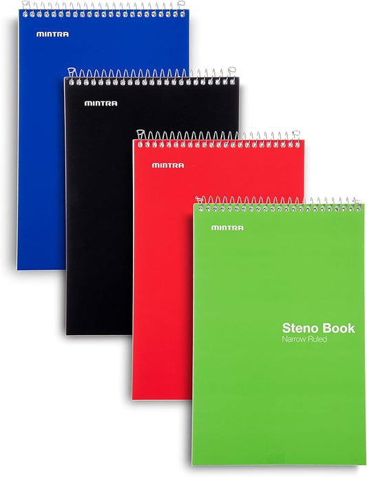 Mintra Office Steno Books - (Primary Colors, 4 Pads/Pack, Narrow Ruled), 6inx9in, 70 Sheets, Notebook for writing notes in school, university, college, work, office