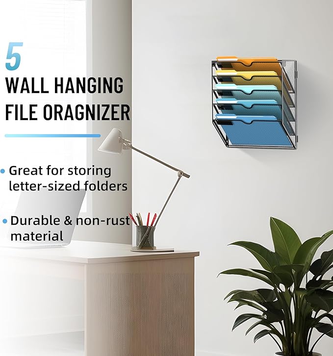 SUPEASY 5-Tier Wall File Holder Organizer with Hooks, Mesh Hanging File Organizer, Mail Organizer Wall Mounted for Papers, Folders, Office Magazine Rack, Black