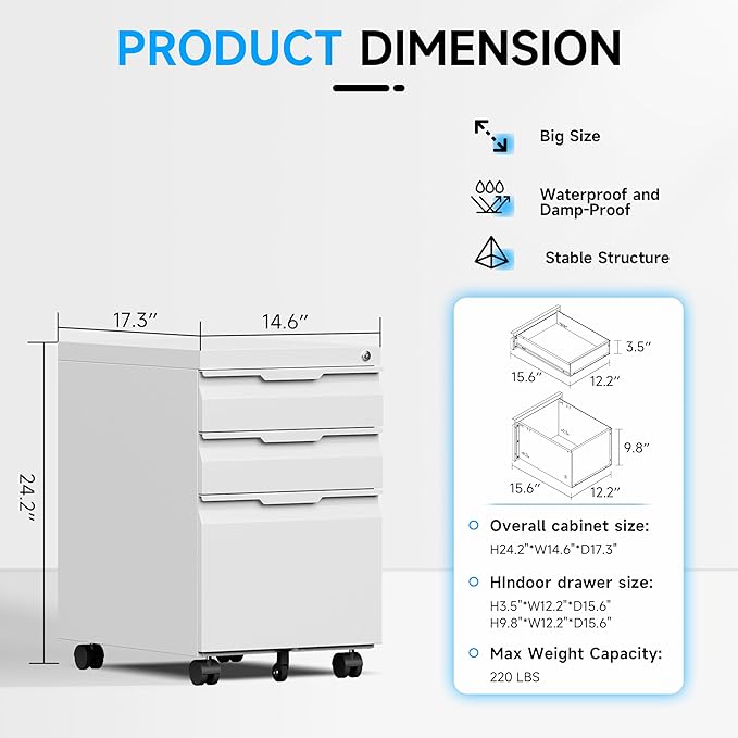 Bestoo 3-Drawer Mobile File Cabinet with Lock, Metal Filing Cabinet on Wheels for Home Office Under Desk, Fits File Folders, Letter/Legal/F4/A4 Size, Assembly Required (White)