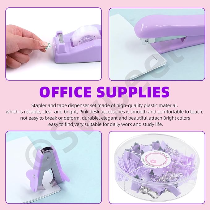 Swpeet 9Pcs Purple Office Supplies Kit, Desk Accessories Including Stapler, Tape Dispenser, Staple Remover, Tabs, Scissors, Staples, Tape, Clips and Sticky Note Ideal for Office and School