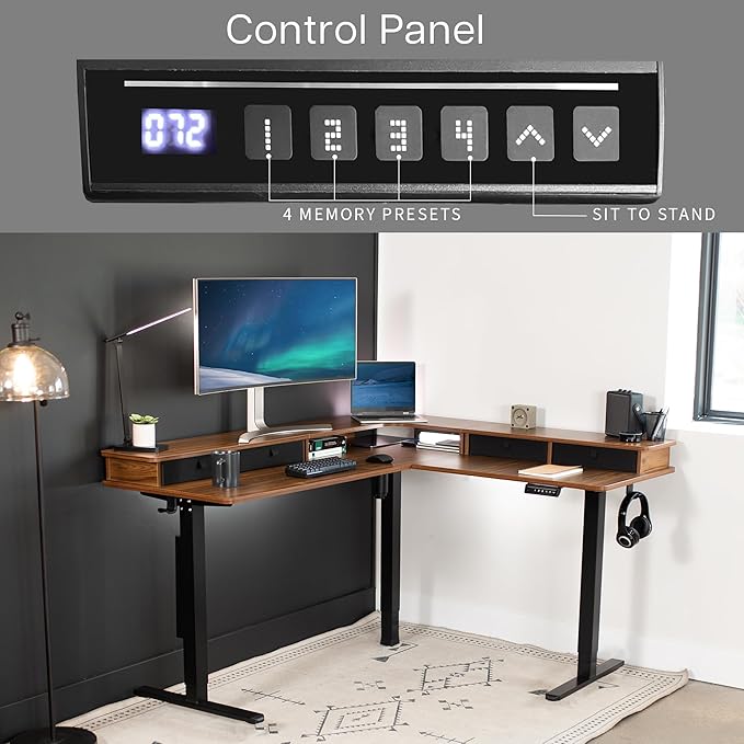 VIVO Electric 2-Tier Corner L-Shaped 63 x 55 inch Standing Desk, Height Adjustable, Memory Controller, Dark Walnut Top Black Frame, Black Drawers, DESK-E3CVD