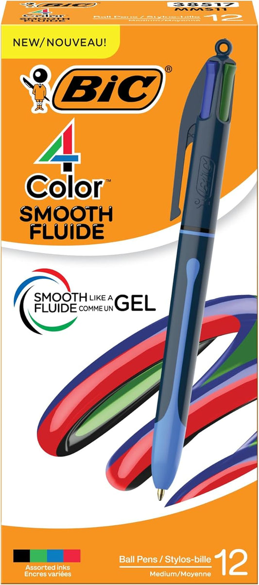 BIC 4 Color Smooth Retractable Ballpoint Pen with Gel-Like Ink and Easy Color Switching, 12-Count in Assorted Ink
