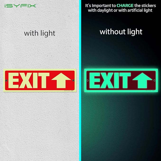 iSYFIX Exit Signs with Directional Up Arrow - 2 Pack 12x4 Inch Glow in the Dark for Business, School, Office, Warehouse - Durable 40 Mil Polystyrene, UV Laminated, Waterproof, Scratch & Fade Resistant